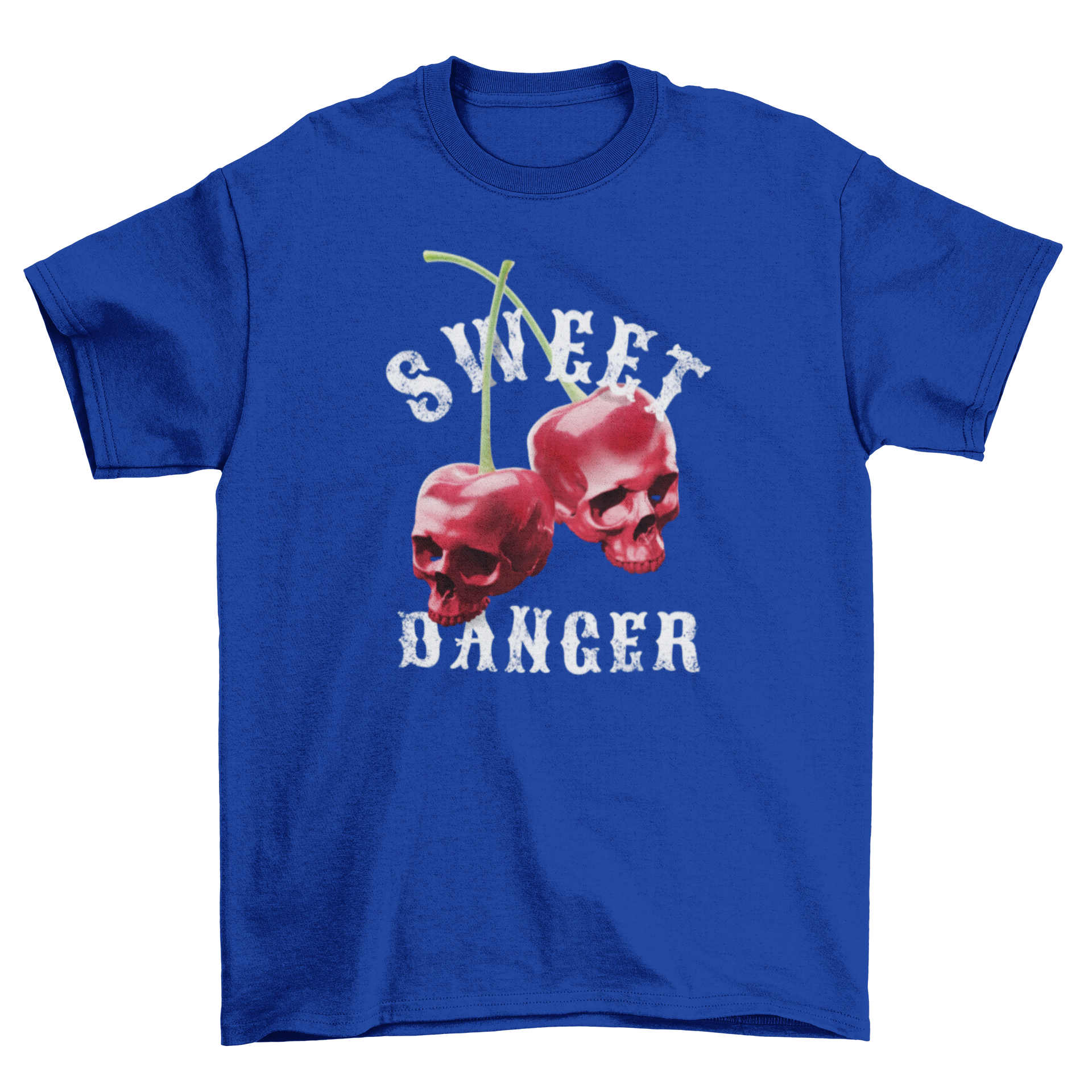 Cherry skulls fruits t-shirt featuring two cherries shaped like skulls with the quote 'Sweet danger'.
