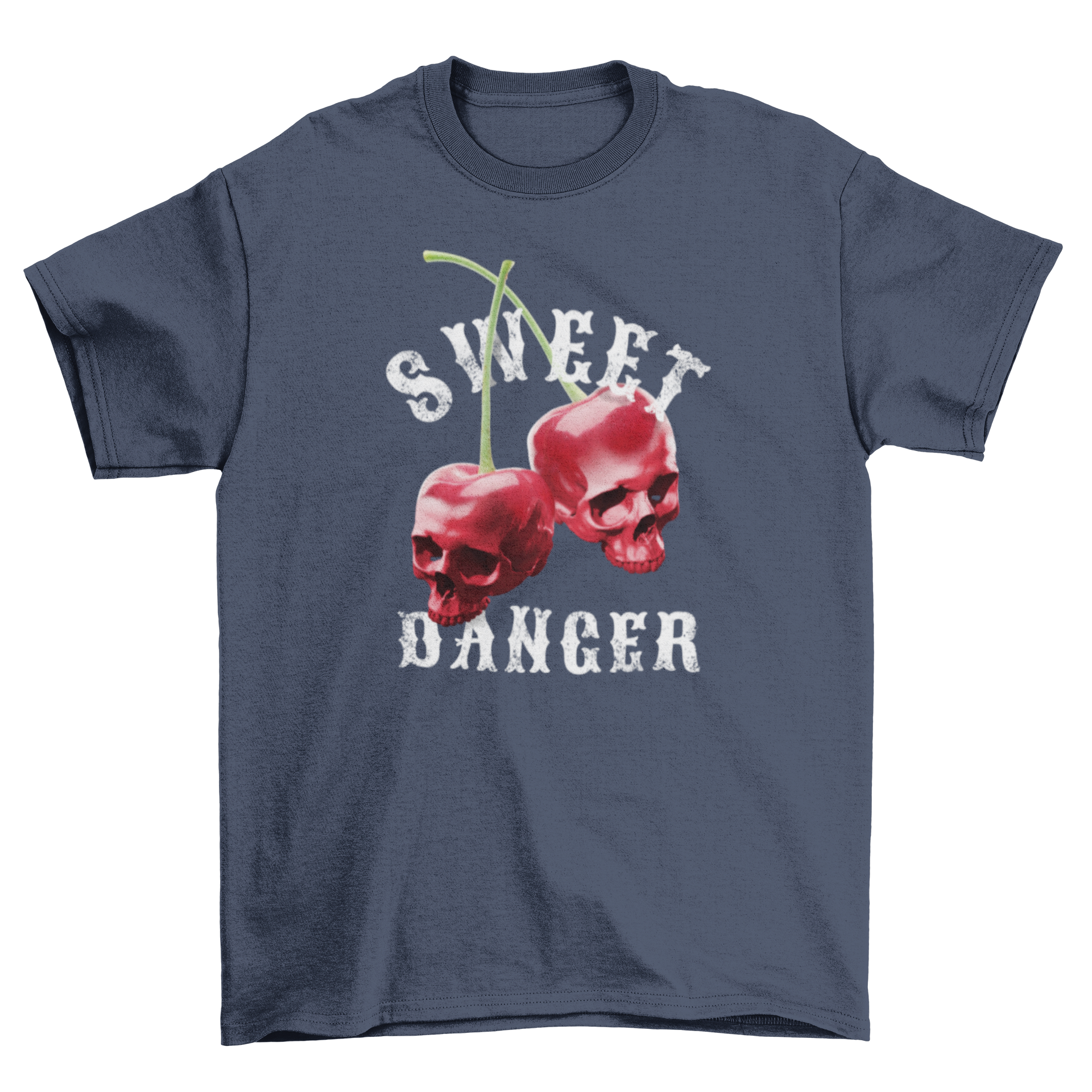 Cherry skulls fruits t-shirt featuring two cherries shaped like skulls with the quote 'Sweet danger'.
