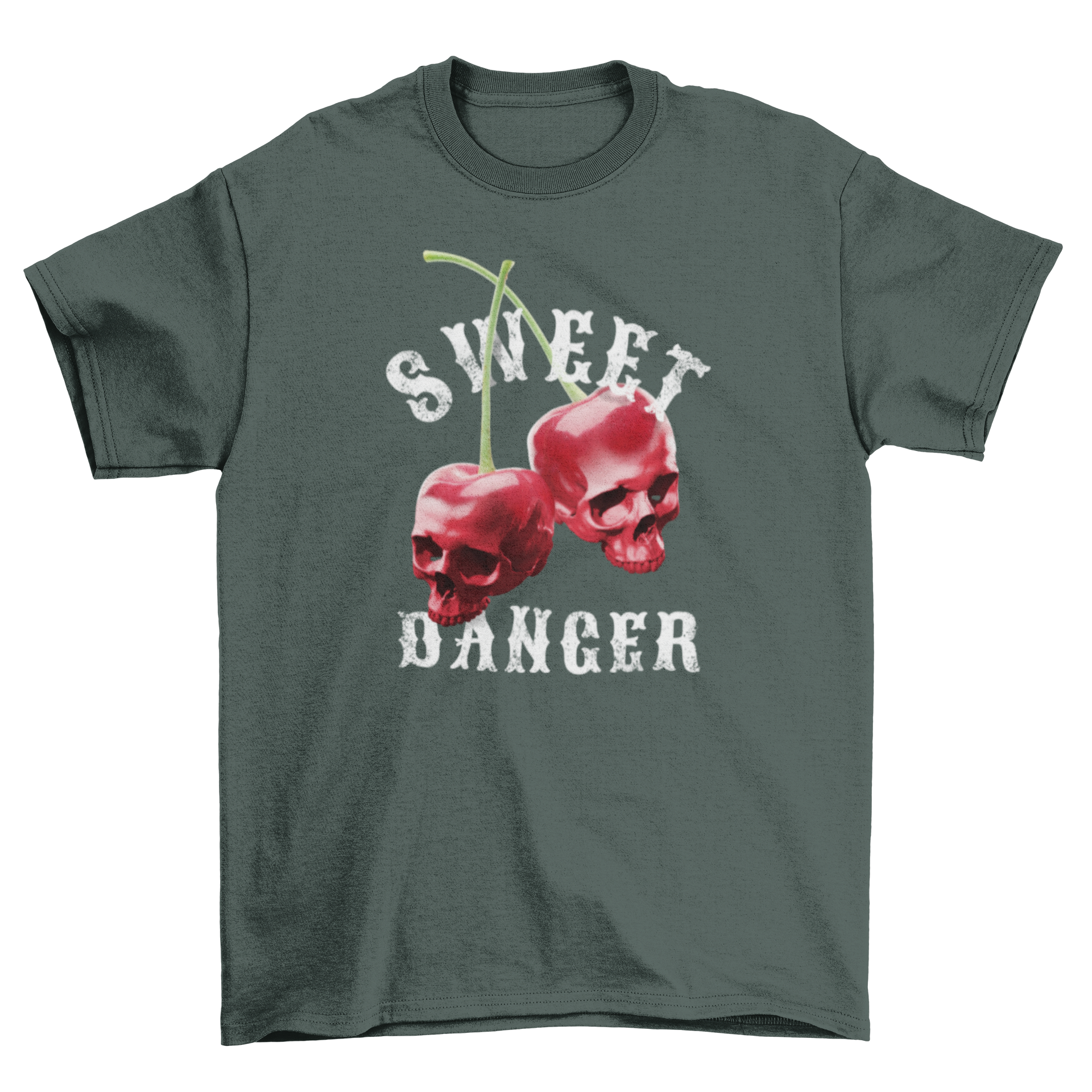 Cherry skulls fruits t-shirt featuring two cherries shaped like skulls with the quote 'Sweet danger'.