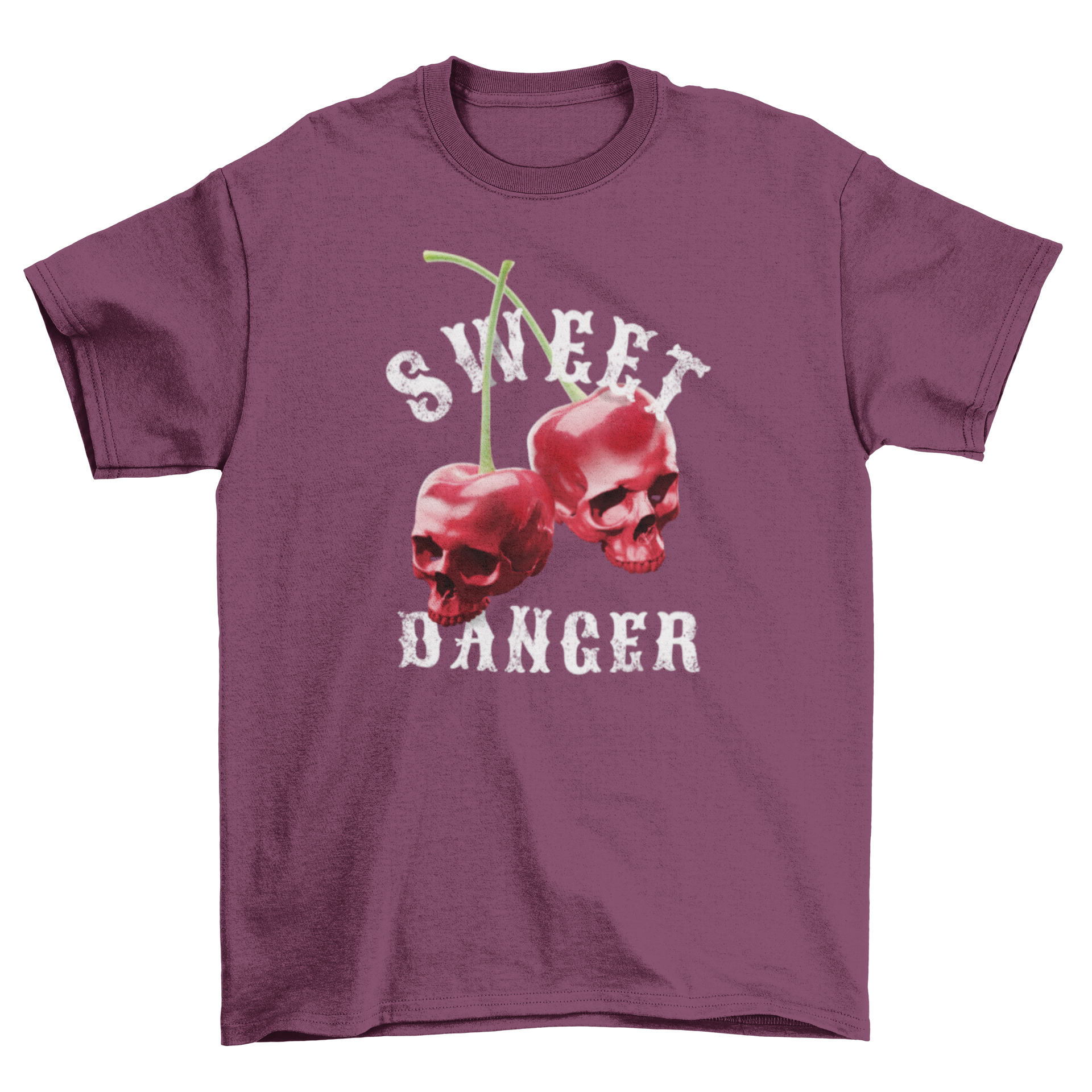 Cherry skulls fruits t-shirt featuring two cherries shaped like skulls with the quote 'Sweet danger'.