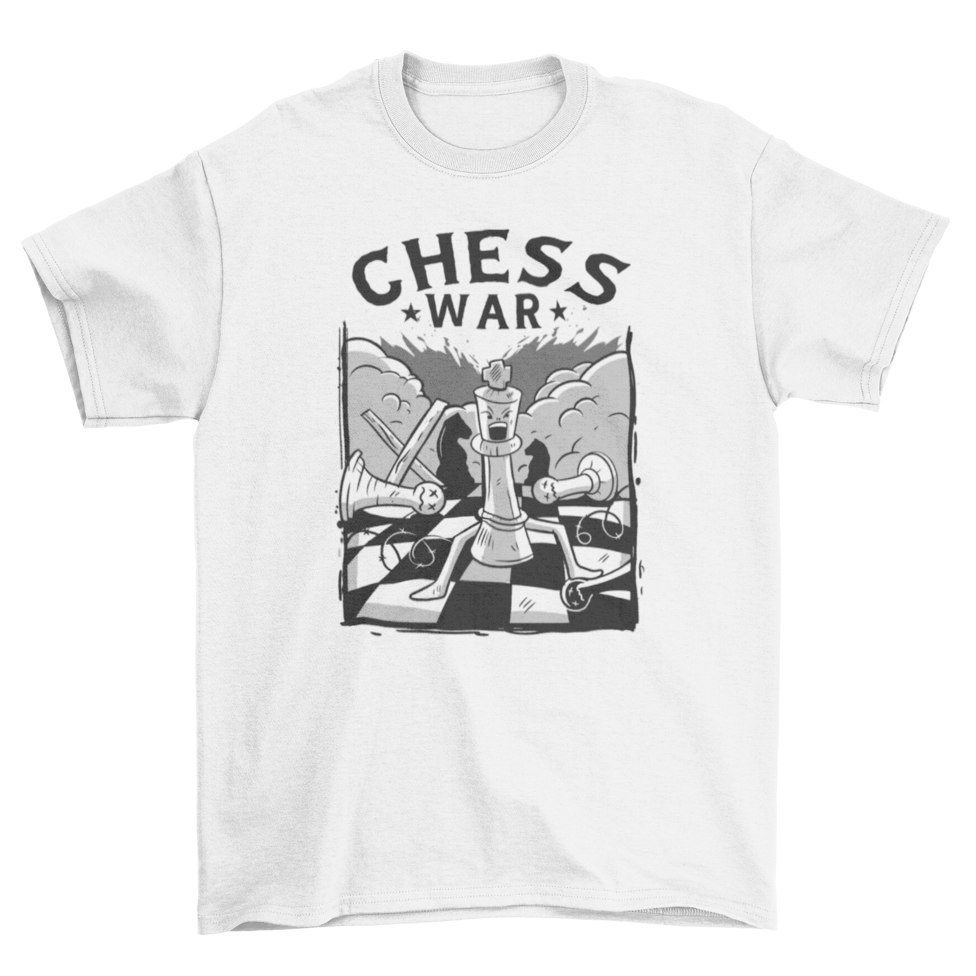 A humorous t-shirt featuring chess pieces in combat with the caption 'Chess War', perfect for chess enthusiasts.