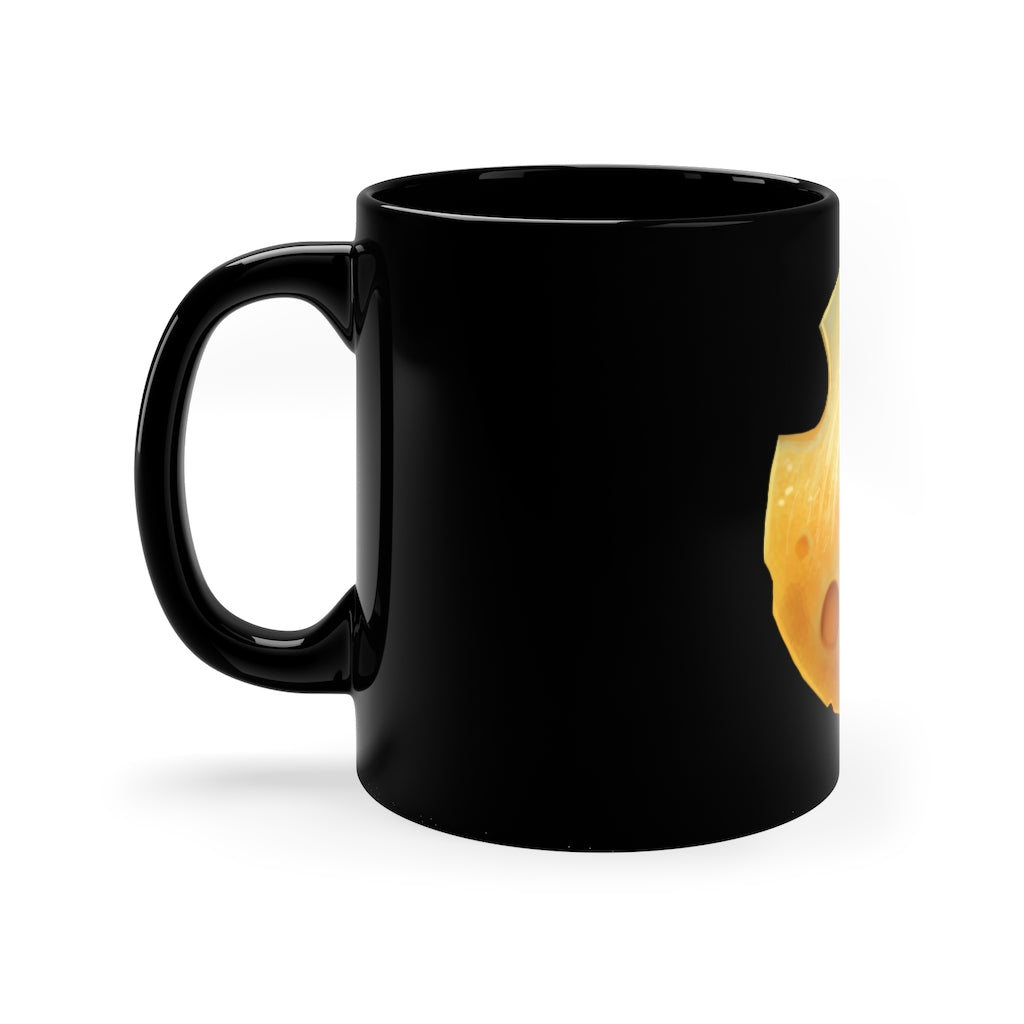 A stylish 11oz black ceramic mug with a C-handle, perfect for coffee, tea, or hot chocolate, showcasing customizable design options.