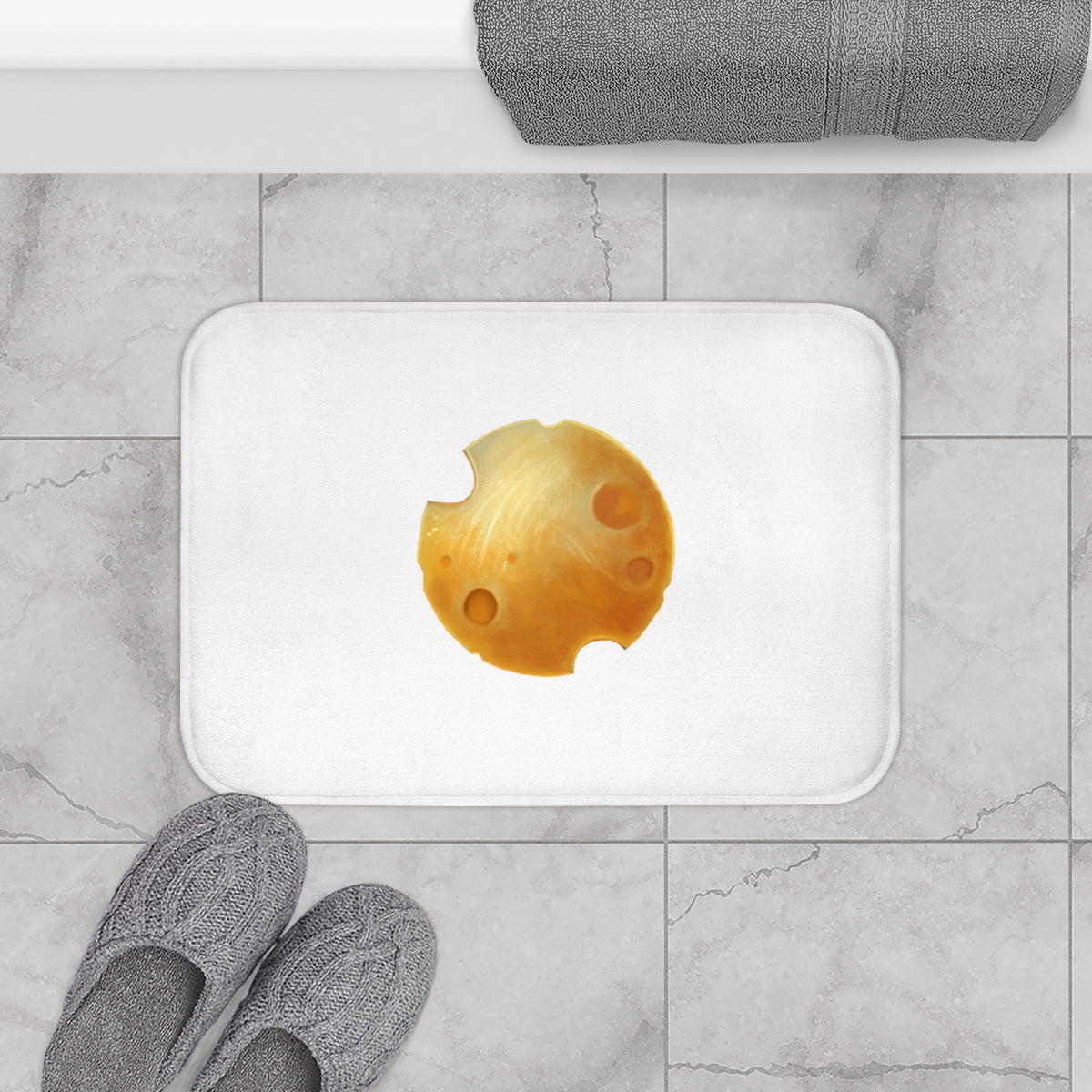 A stylish Cheese Bath Mat featuring a whimsical cheese design with anti-slip backing, perfect for bathroom safety and decor.