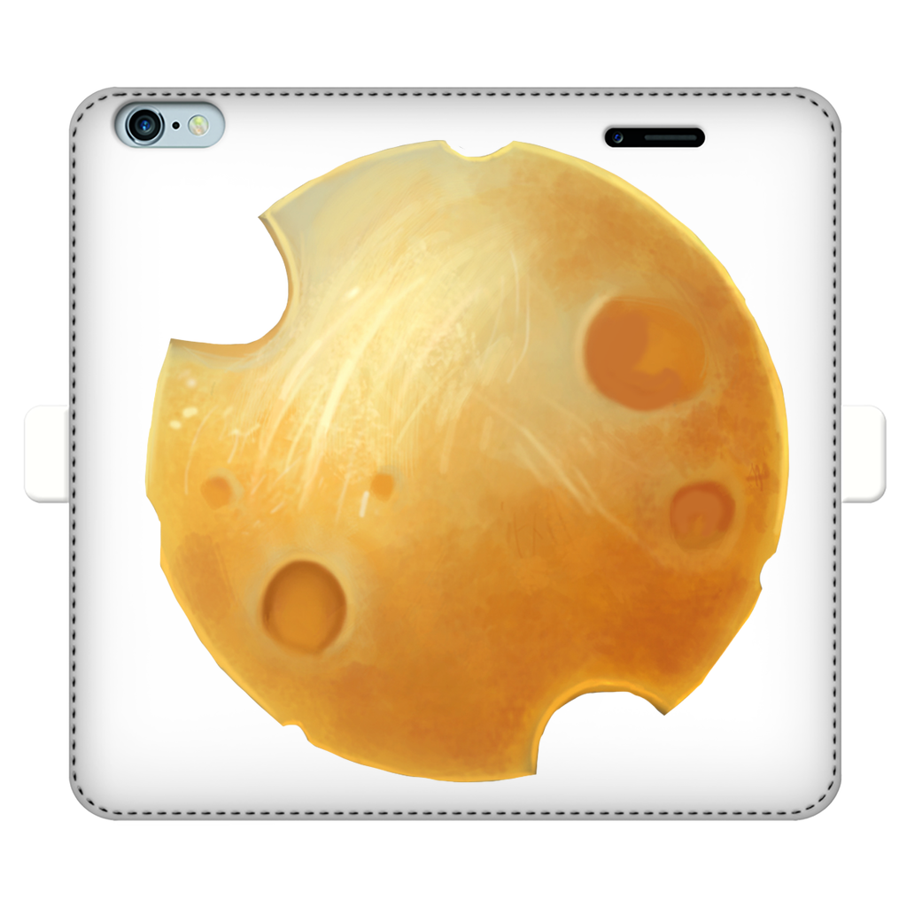 Cheese Fully Printed Wallet Case featuring vibrant UV-printed design, magnetic closure, and faux leather material, suitable for iPhone and Samsung models.