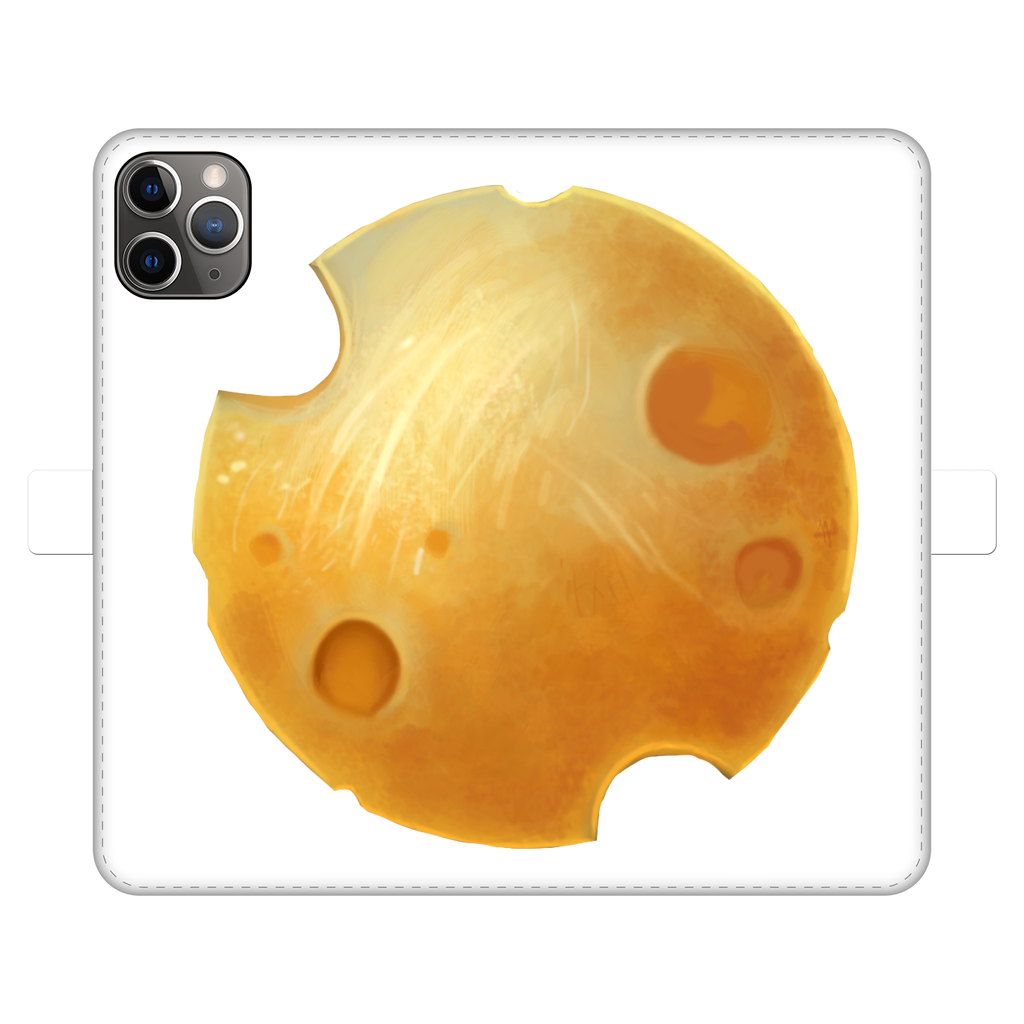 Cheese Fully Printed Wallet Case featuring vibrant UV-printed design, magnetic closure, and faux leather material, suitable for iPhone and Samsung models.