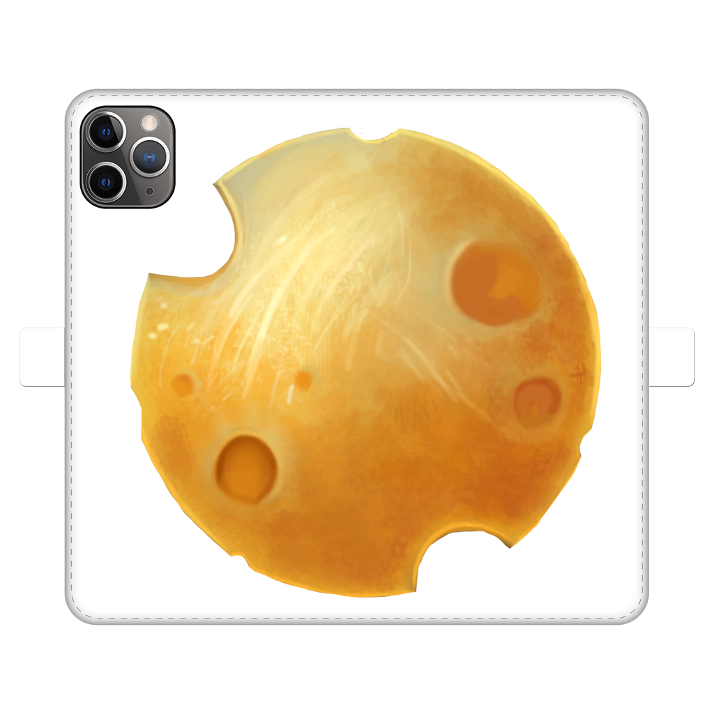 Cheese Fully Printed Wallet Case featuring vibrant UV-printed design, magnetic closure, and faux leather material, suitable for iPhone and Samsung models.