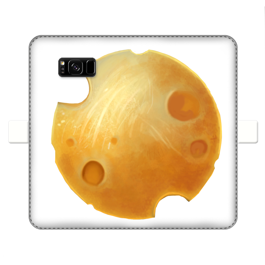 Cheese Fully Printed Wallet Case featuring vibrant UV-printed design, magnetic closure, and faux leather material, suitable for iPhone and Samsung models.