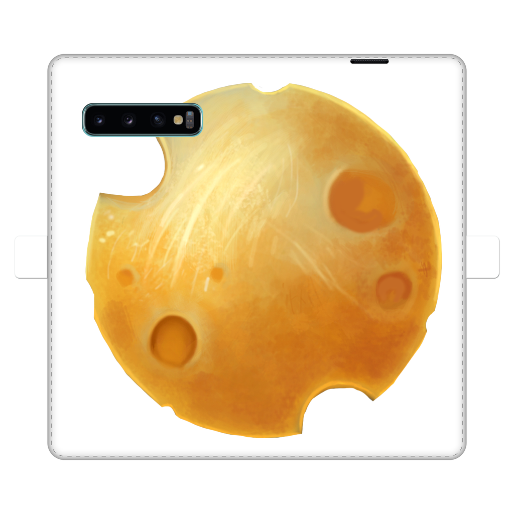 Cheese Fully Printed Wallet Case featuring vibrant UV-printed design, magnetic closure, and faux leather material, suitable for iPhone and Samsung models.