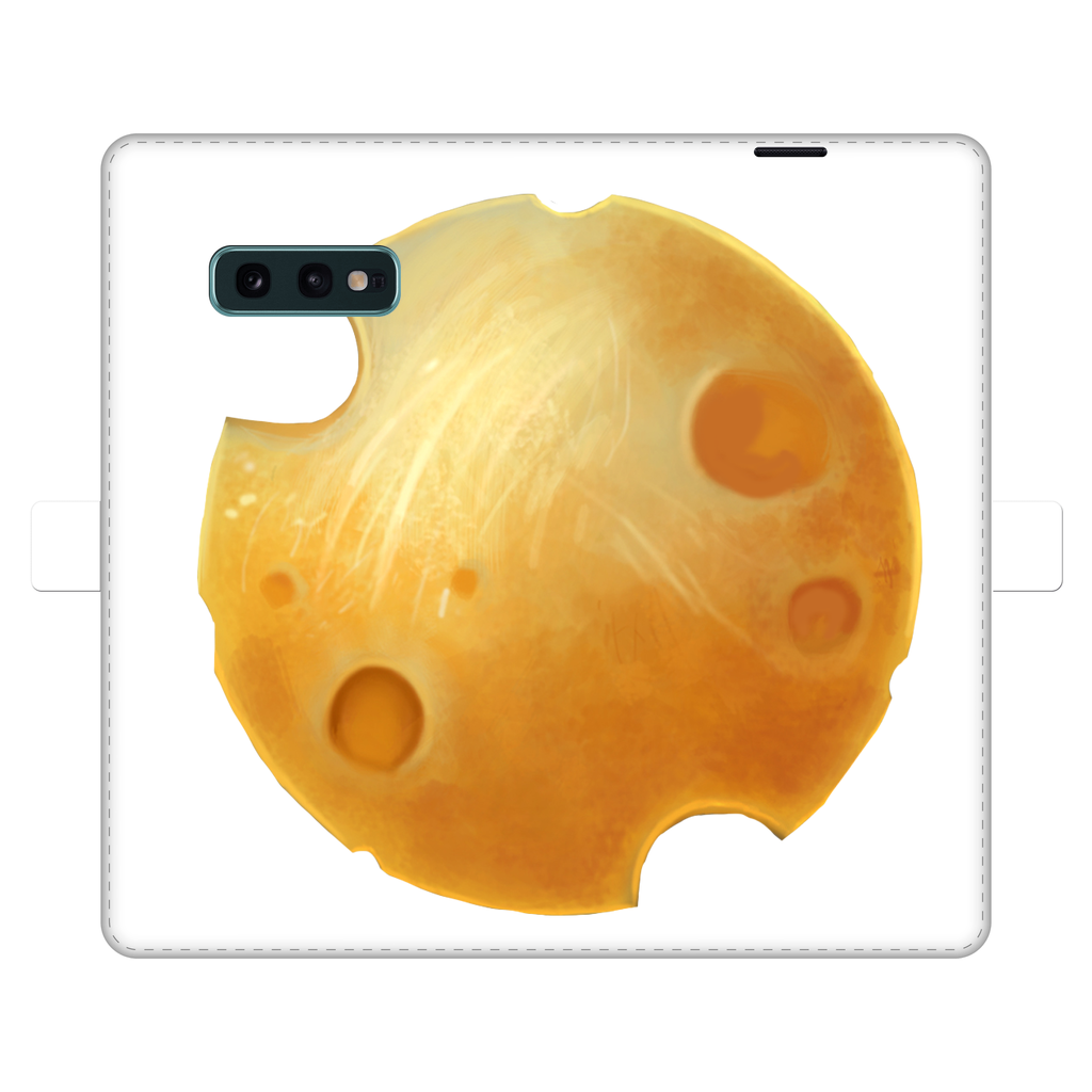 Cheese Fully Printed Wallet Case featuring vibrant UV-printed design, magnetic closure, and faux leather material, suitable for iPhone and Samsung models.