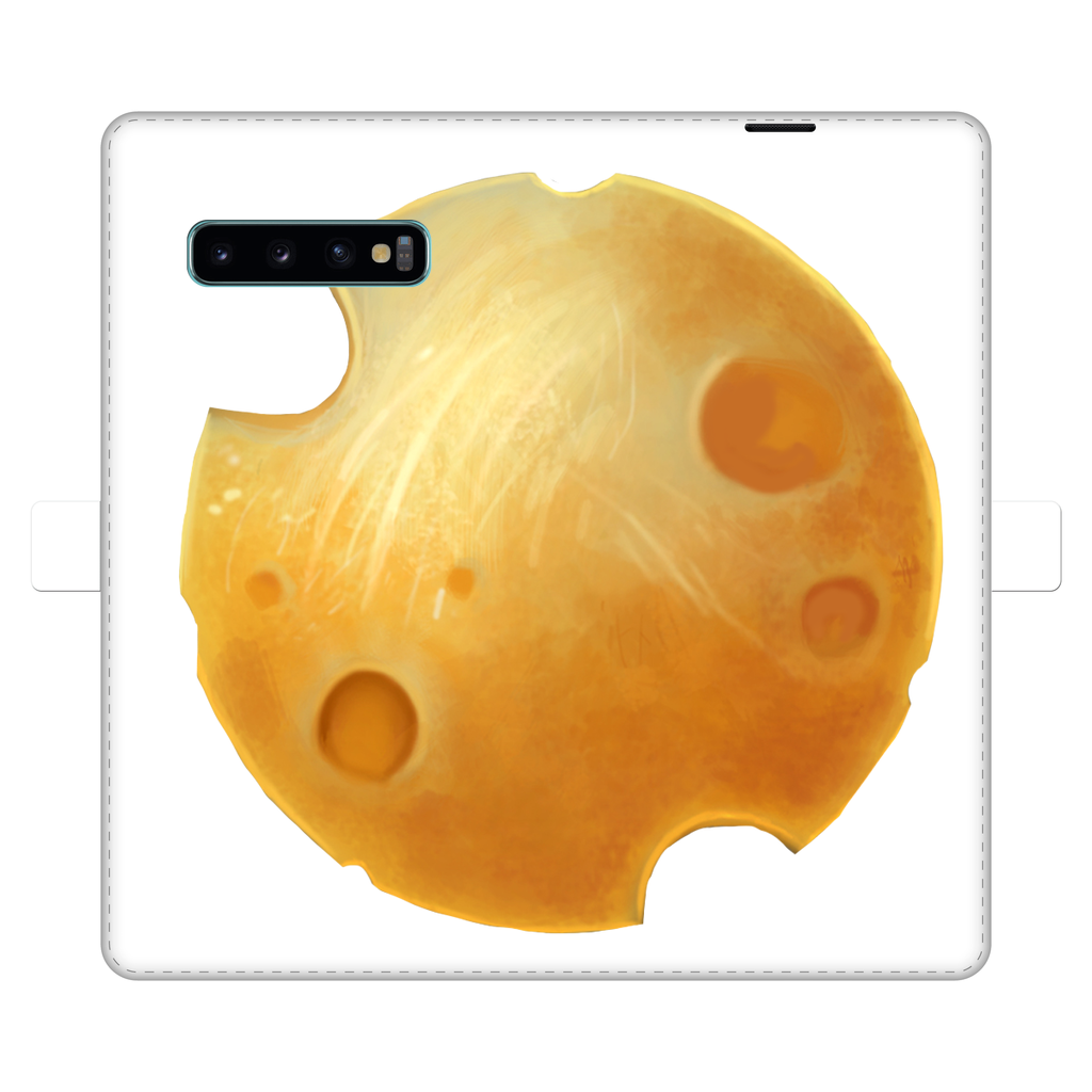 Cheese Fully Printed Wallet Case featuring vibrant UV-printed design, magnetic closure, and faux leather material, suitable for iPhone and Samsung models.