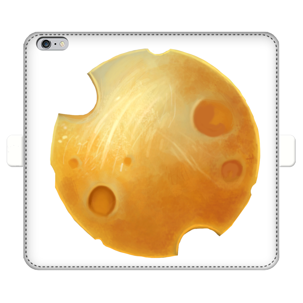Cheese Fully Printed Wallet Case featuring vibrant UV-printed design, magnetic closure, and faux leather material, suitable for iPhone and Samsung models.