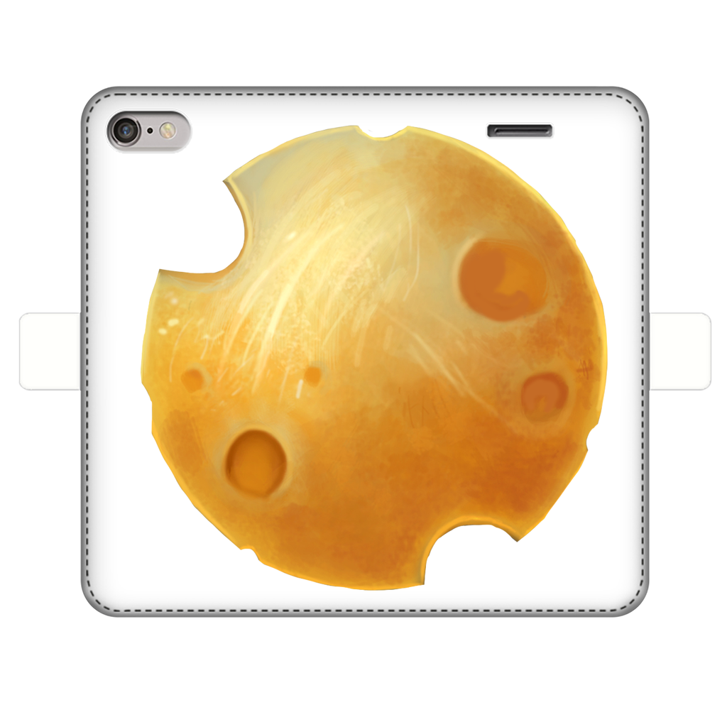 Cheese Fully Printed Wallet Case featuring vibrant UV-printed design, magnetic closure, and faux leather material, suitable for iPhone and Samsung models.