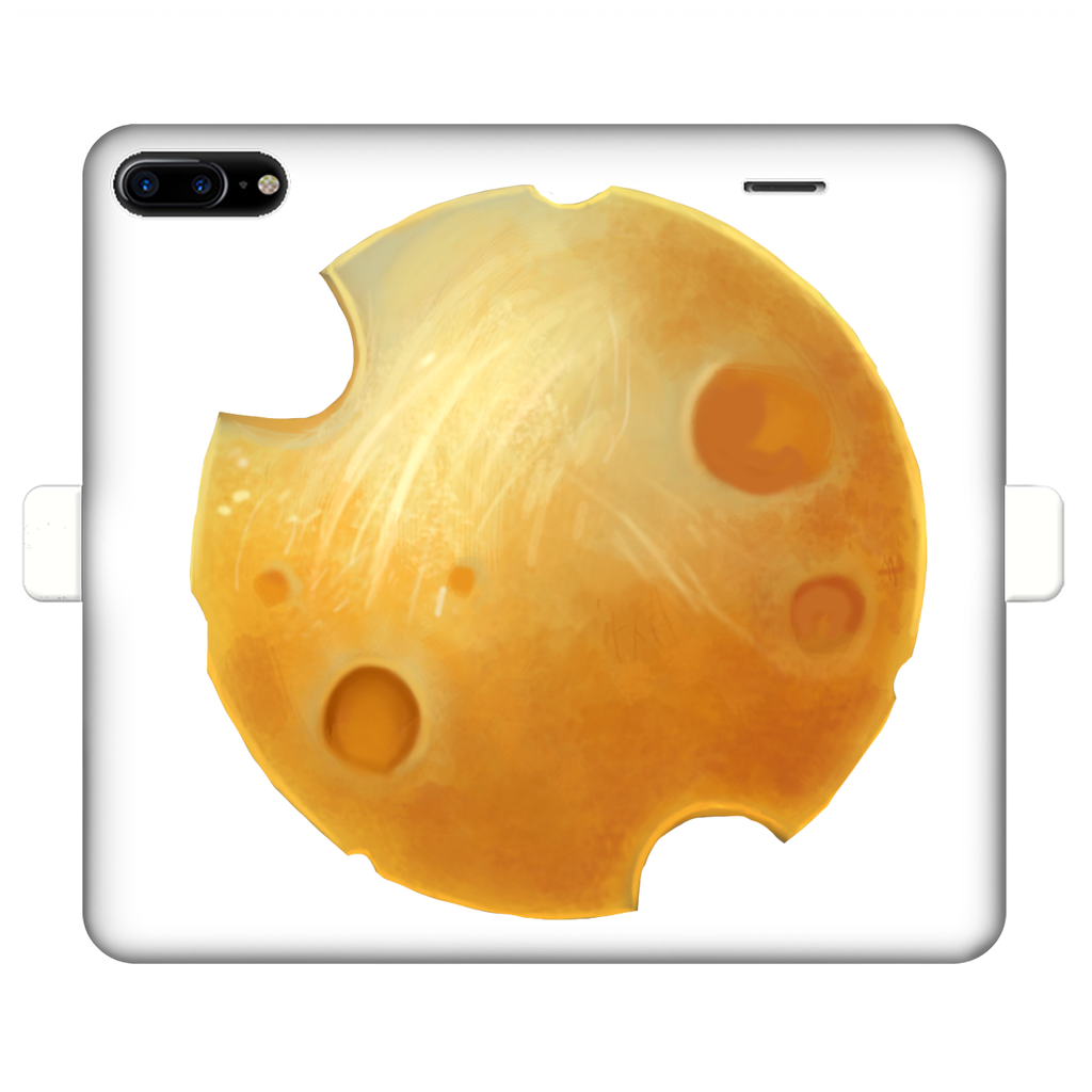 Cheese Fully Printed Wallet Case featuring vibrant UV-printed design, magnetic closure, and faux leather material, suitable for iPhone and Samsung models.