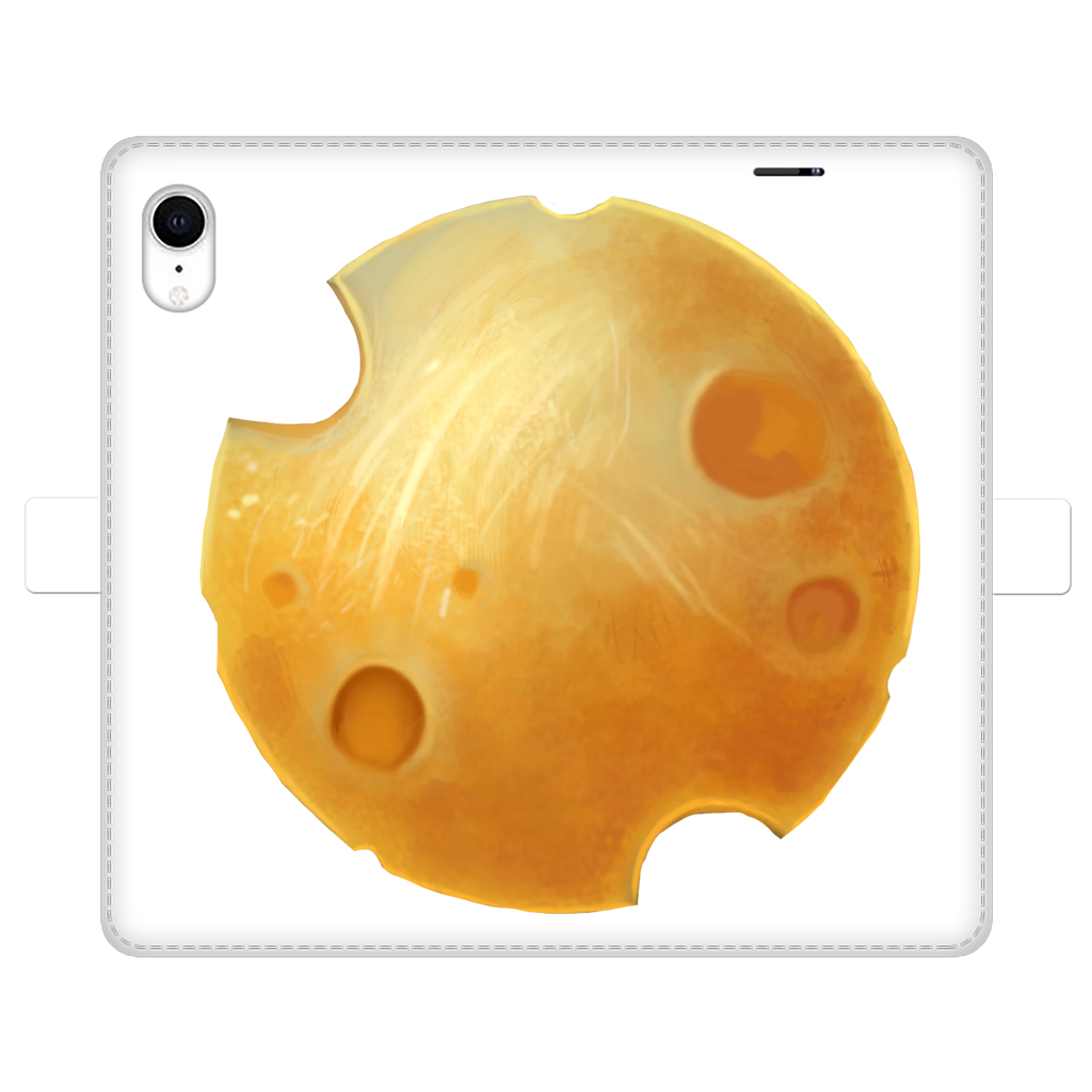 Cheese Fully Printed Wallet Case featuring vibrant UV-printed design, magnetic closure, and faux leather material, suitable for iPhone and Samsung models.