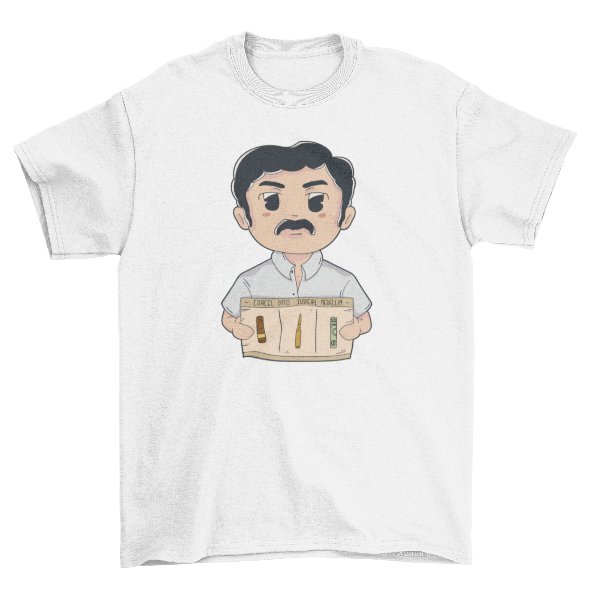 Chibi moustache character t-shirt featuring a playful criminal parody design in vibrant colors.