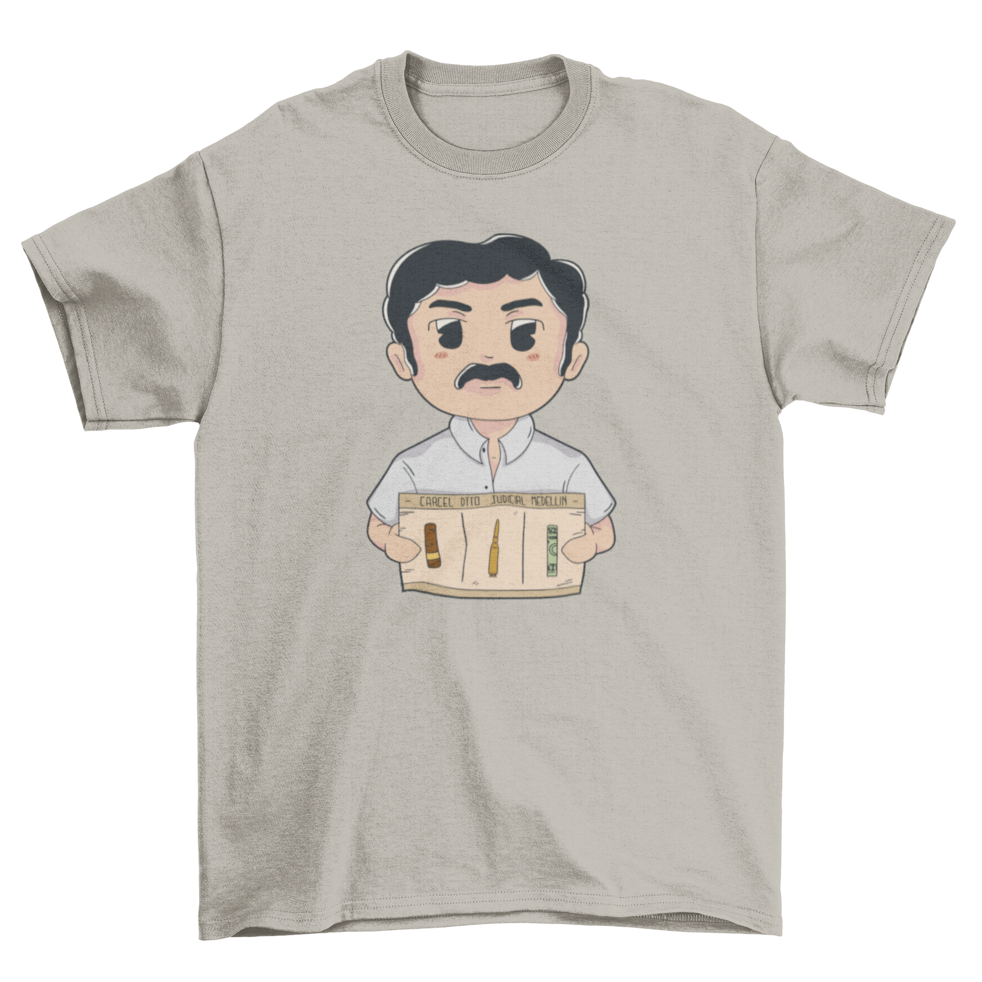 Chibi moustache character t-shirt featuring a playful criminal parody design in vibrant colors.