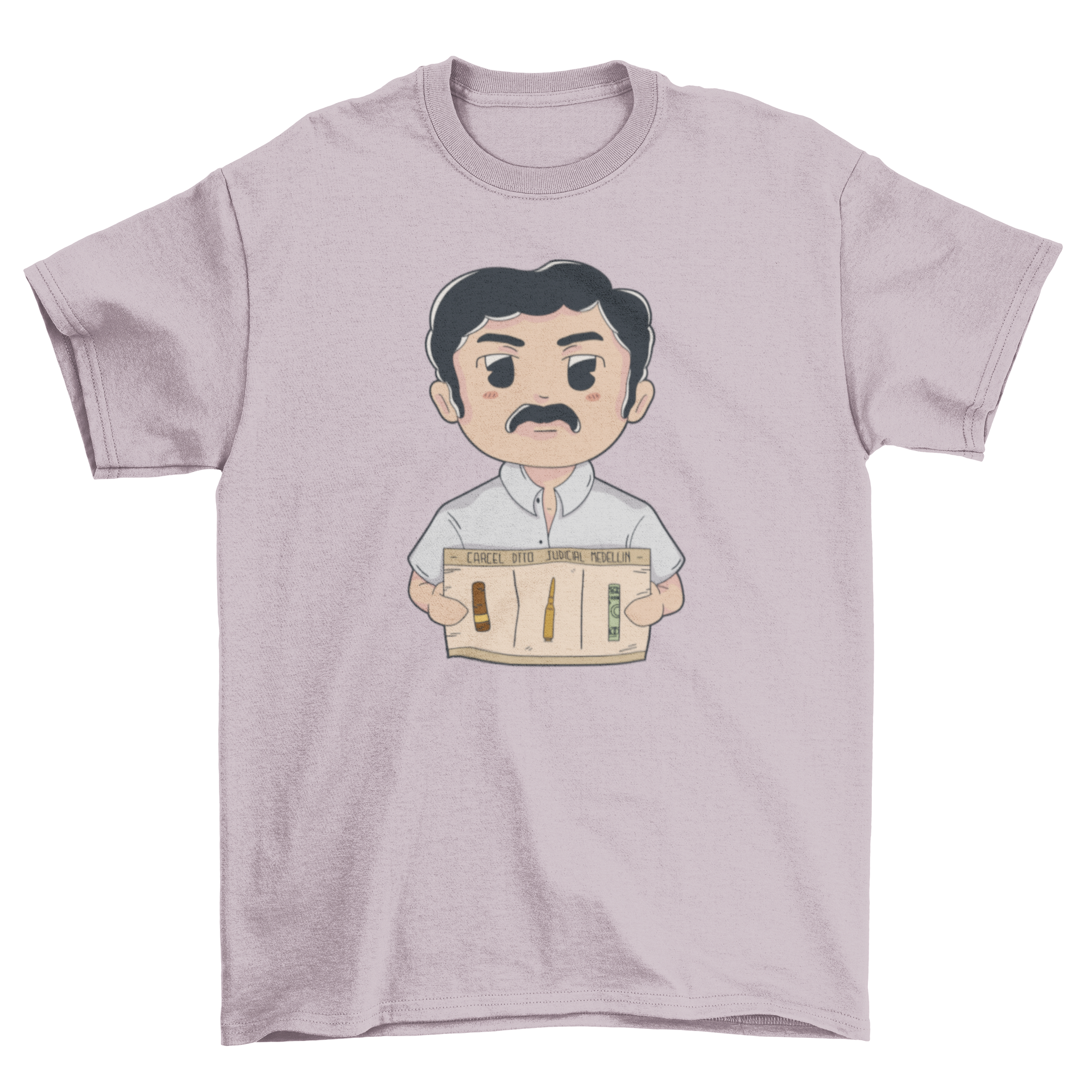 Chibi moustache character t-shirt featuring a playful criminal parody design in vibrant colors.