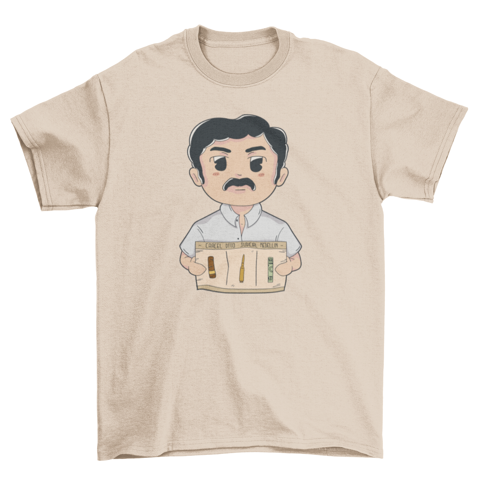 Chibi moustache character t-shirt featuring a playful criminal parody design in vibrant colors.