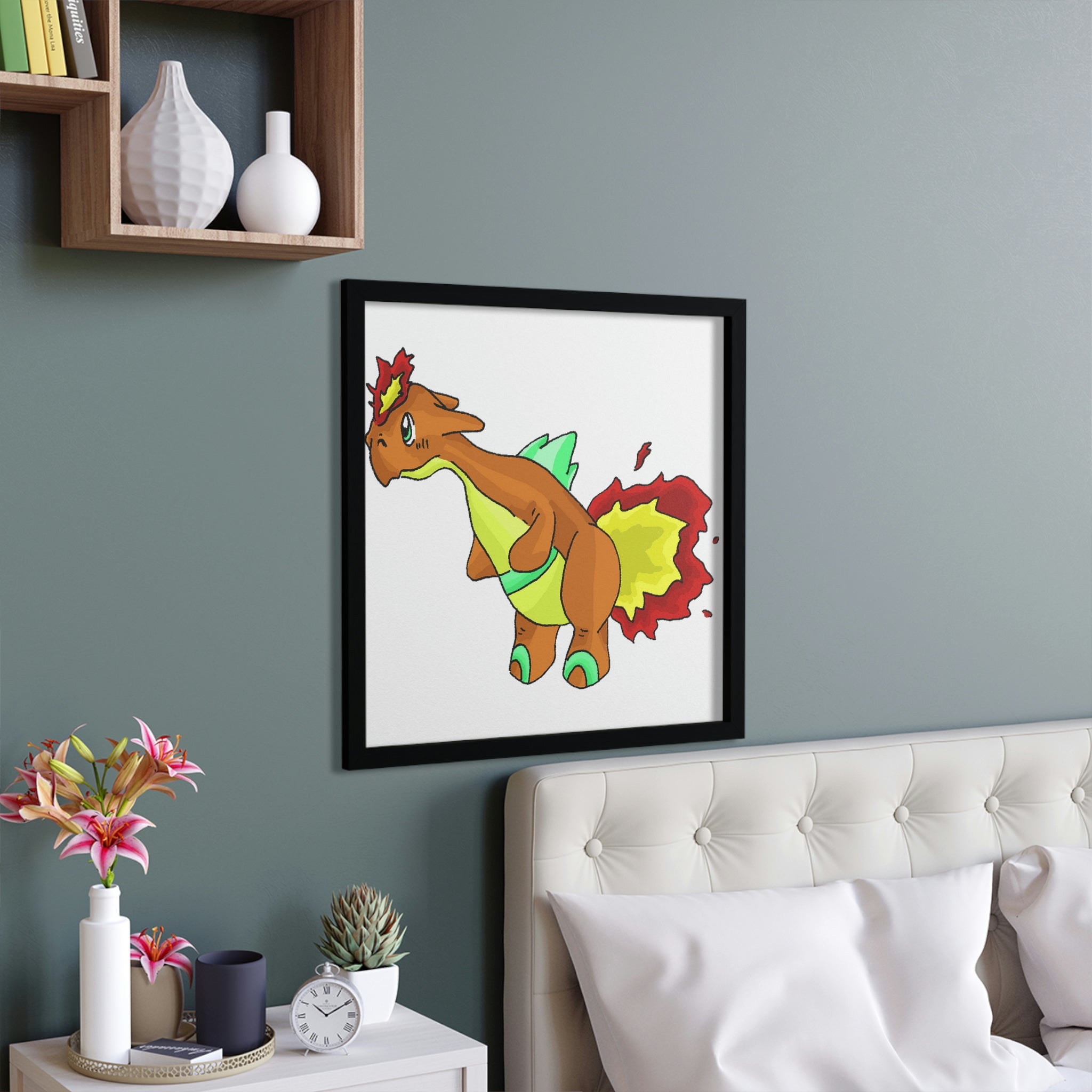 Chibiki Framed Poster featuring a hand-crafted wooden frame and vibrant artwork, ready for hanging.