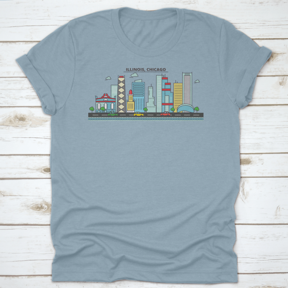 A stylish t-shirt featuring the Chicago City Skyline, showcasing iconic buildings and architecture.
