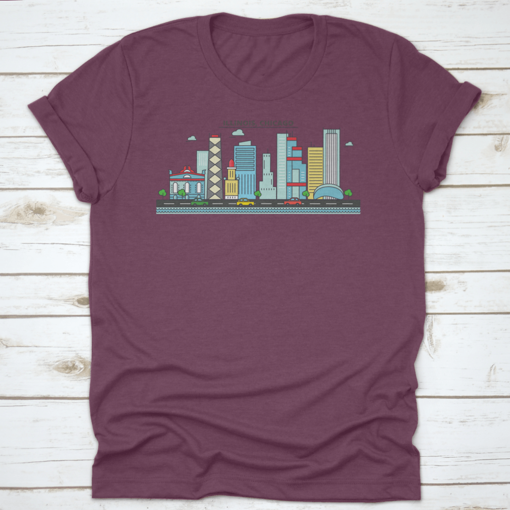 A stylish t-shirt featuring the Chicago City Skyline, showcasing iconic buildings and architecture.