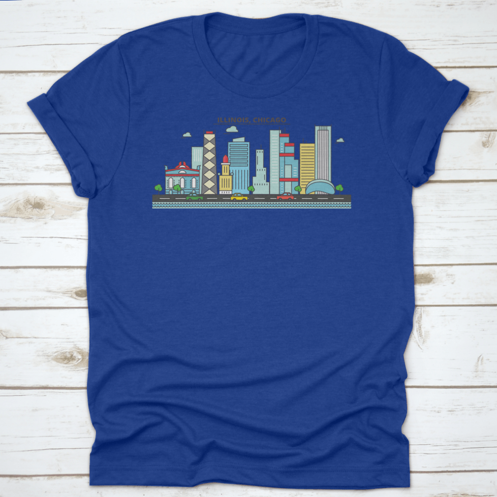 A stylish t-shirt featuring the Chicago City Skyline, showcasing iconic buildings and architecture.