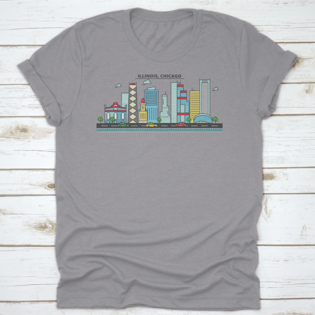A stylish t-shirt featuring the Chicago City Skyline, showcasing iconic buildings and architecture.
