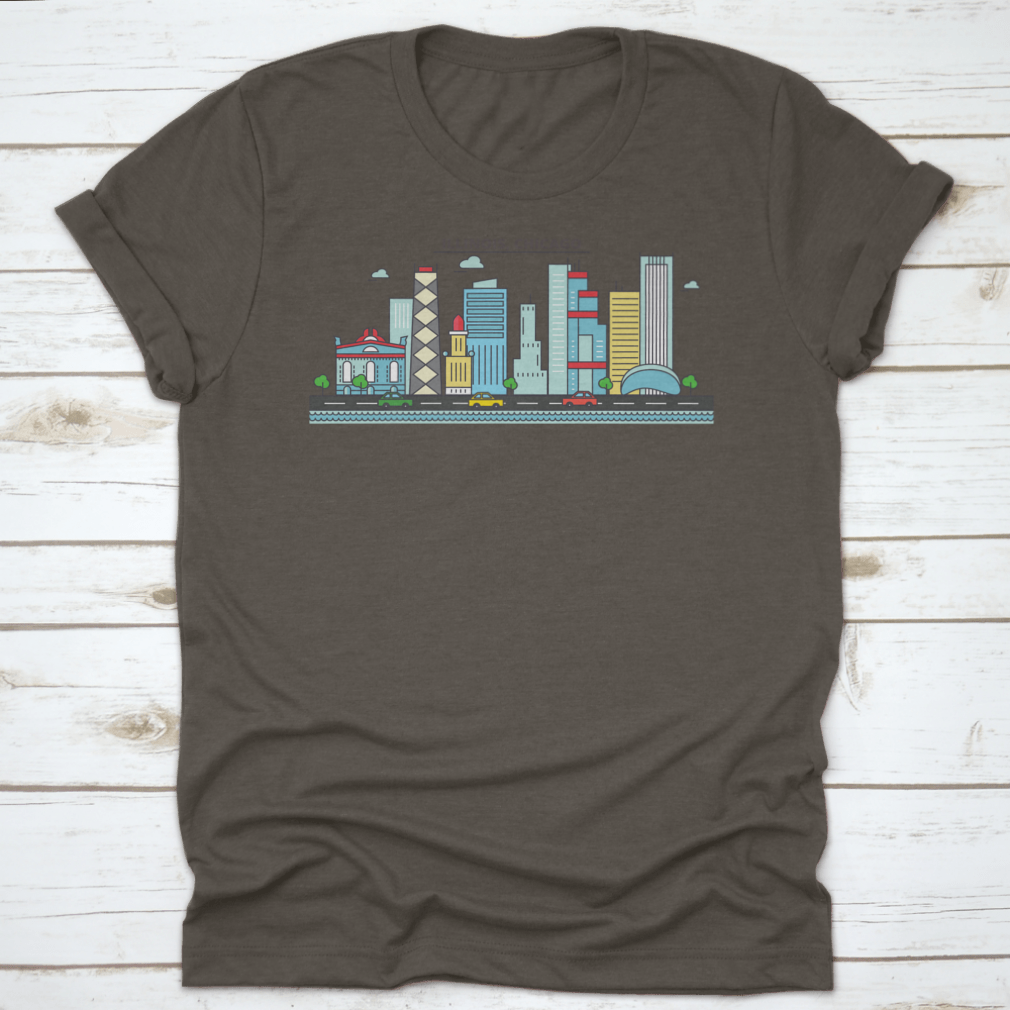 A stylish t-shirt featuring the Chicago City Skyline, showcasing iconic buildings and architecture.