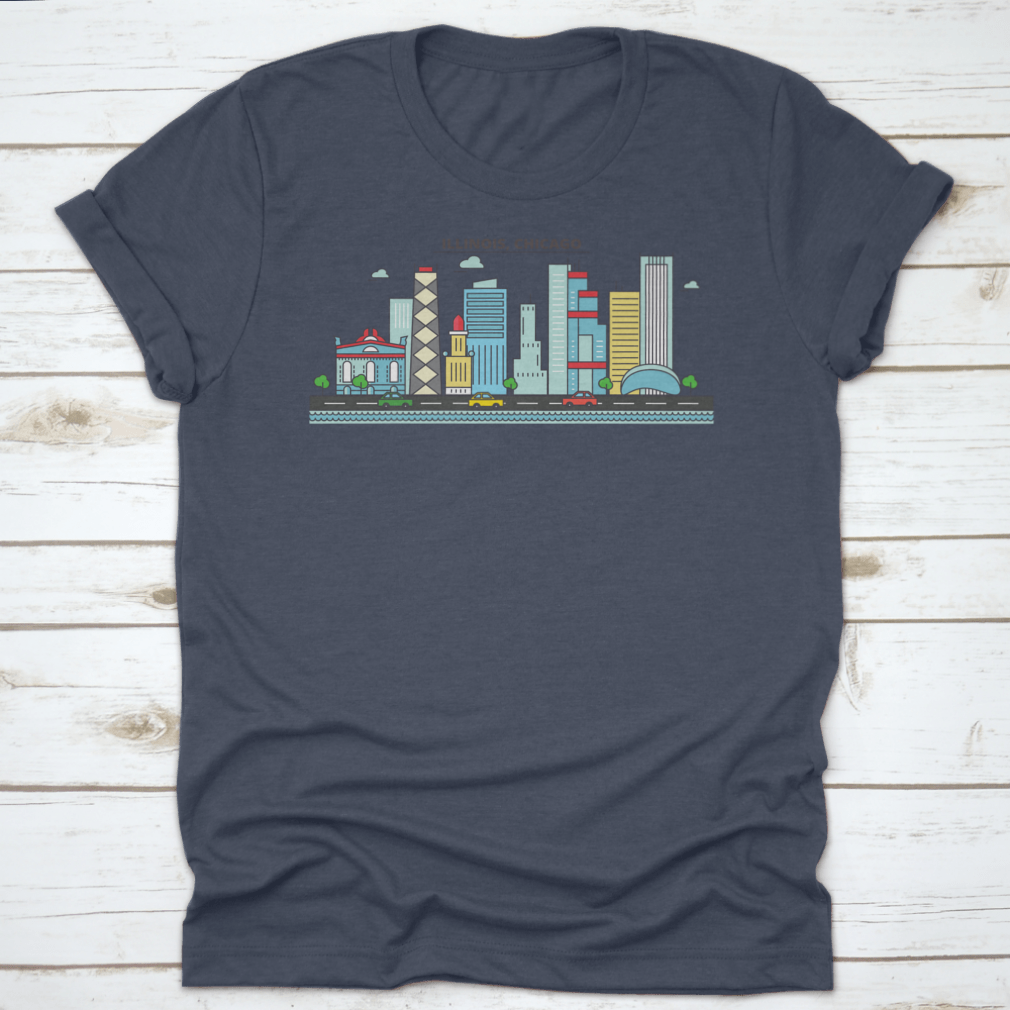 A stylish t-shirt featuring the Chicago City Skyline, showcasing iconic buildings and architecture.