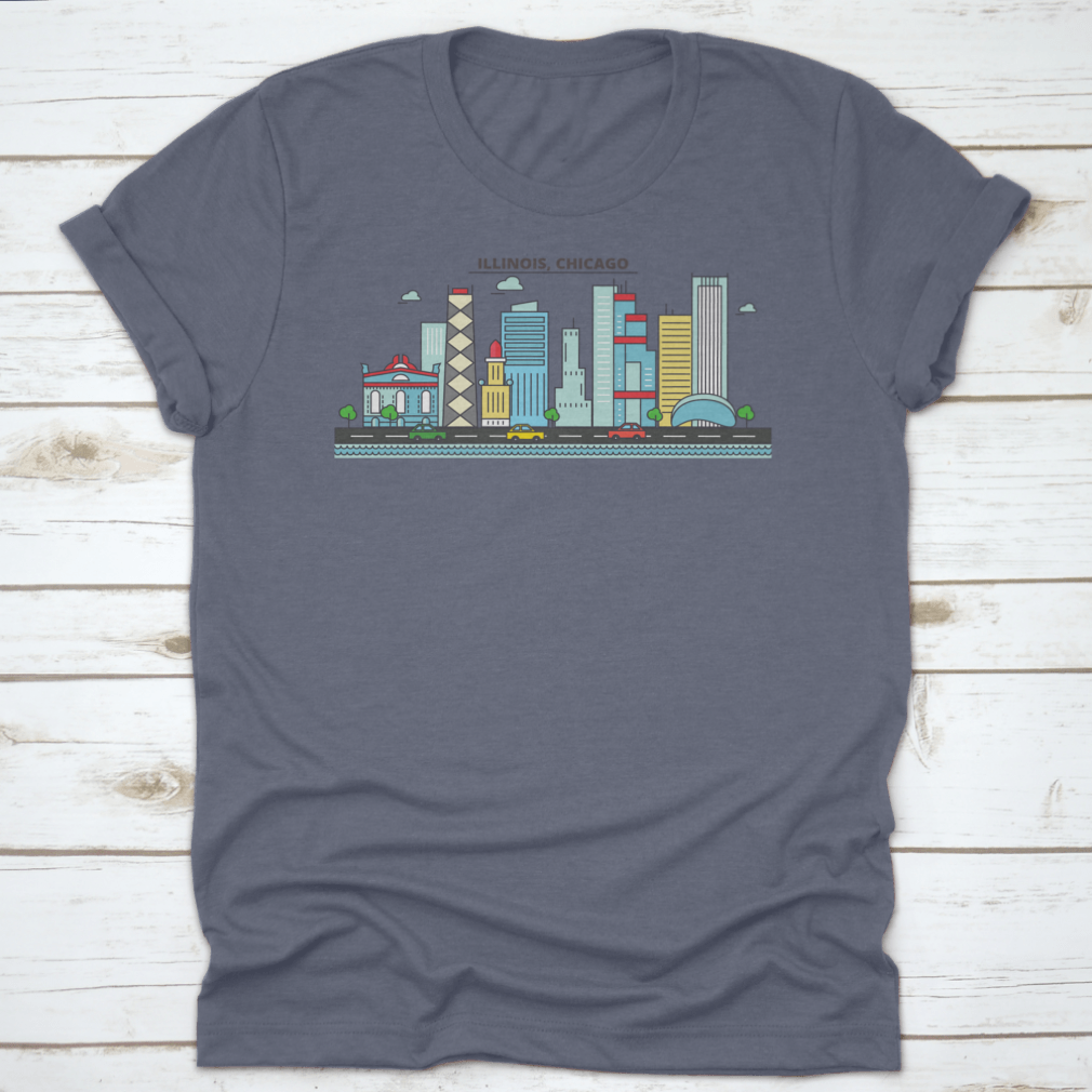 A stylish t-shirt featuring the Chicago City Skyline, showcasing iconic buildings and architecture.