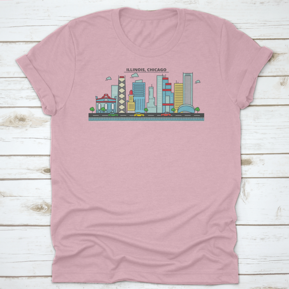A stylish t-shirt featuring the Chicago City Skyline, showcasing iconic buildings and architecture.