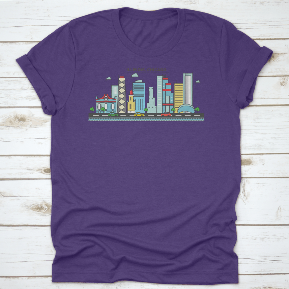 A stylish t-shirt featuring the Chicago City Skyline, showcasing iconic buildings and architecture.