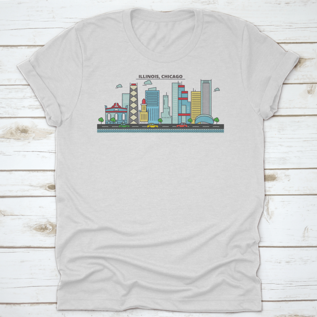 A stylish t-shirt featuring the Chicago City Skyline, showcasing iconic buildings and architecture.