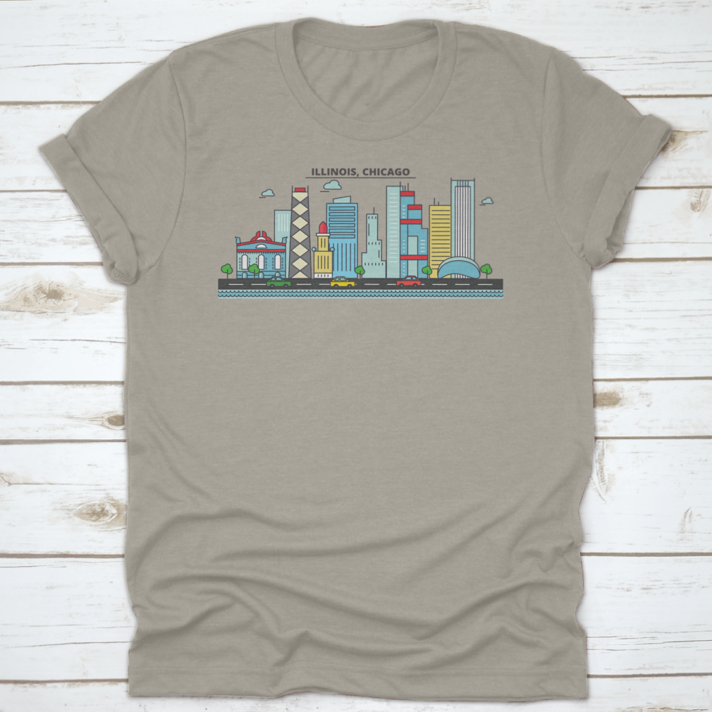 A stylish t-shirt featuring the Chicago City Skyline, showcasing iconic buildings and architecture.