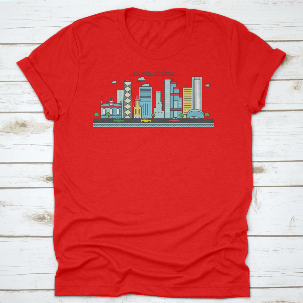 A stylish t-shirt featuring the Chicago City Skyline, showcasing iconic buildings and architecture.