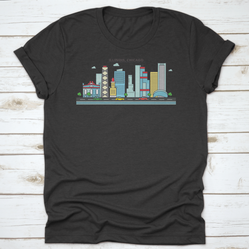 A stylish t-shirt featuring the Chicago City Skyline, showcasing iconic buildings and architecture.