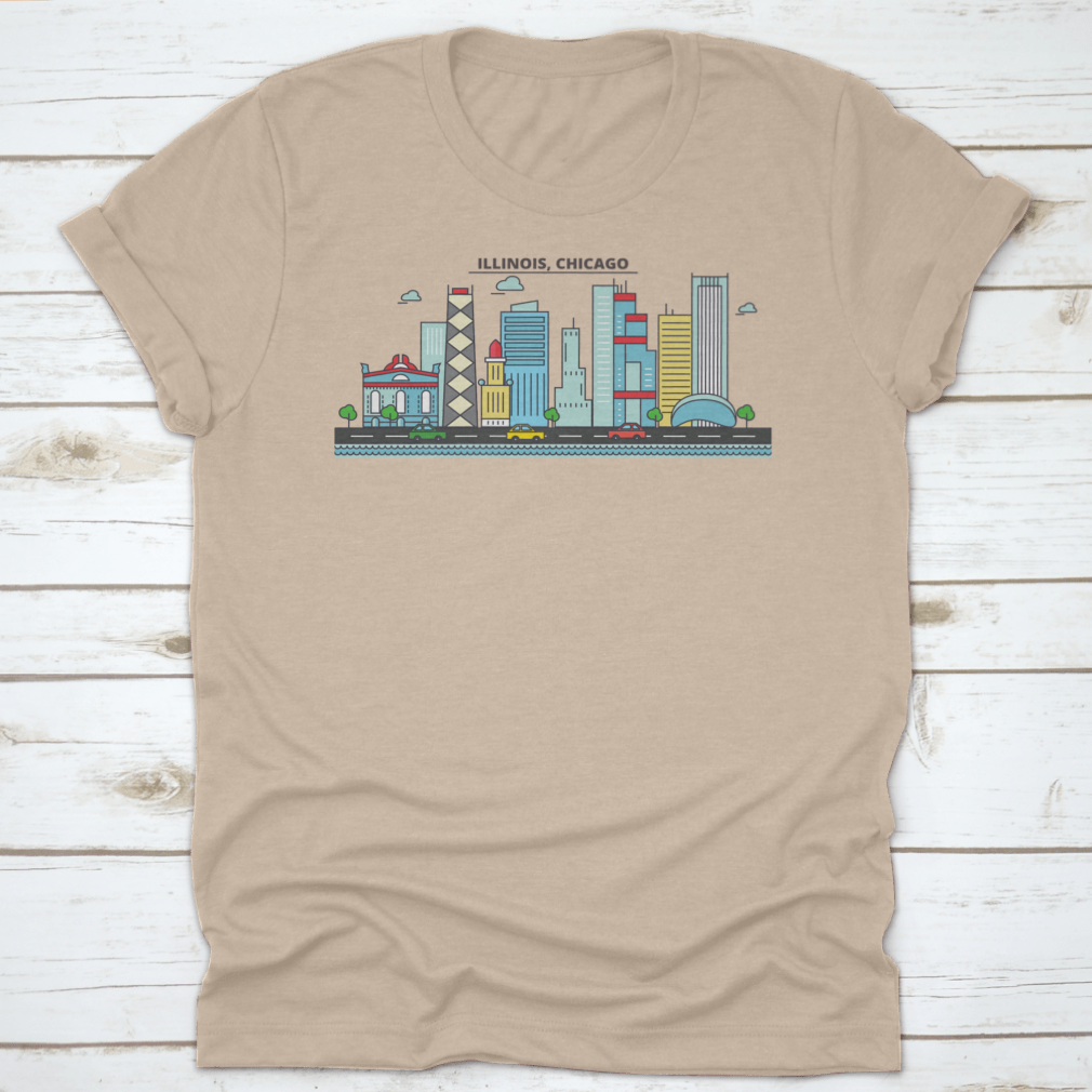 A stylish t-shirt featuring the Chicago City Skyline, showcasing iconic buildings and architecture.