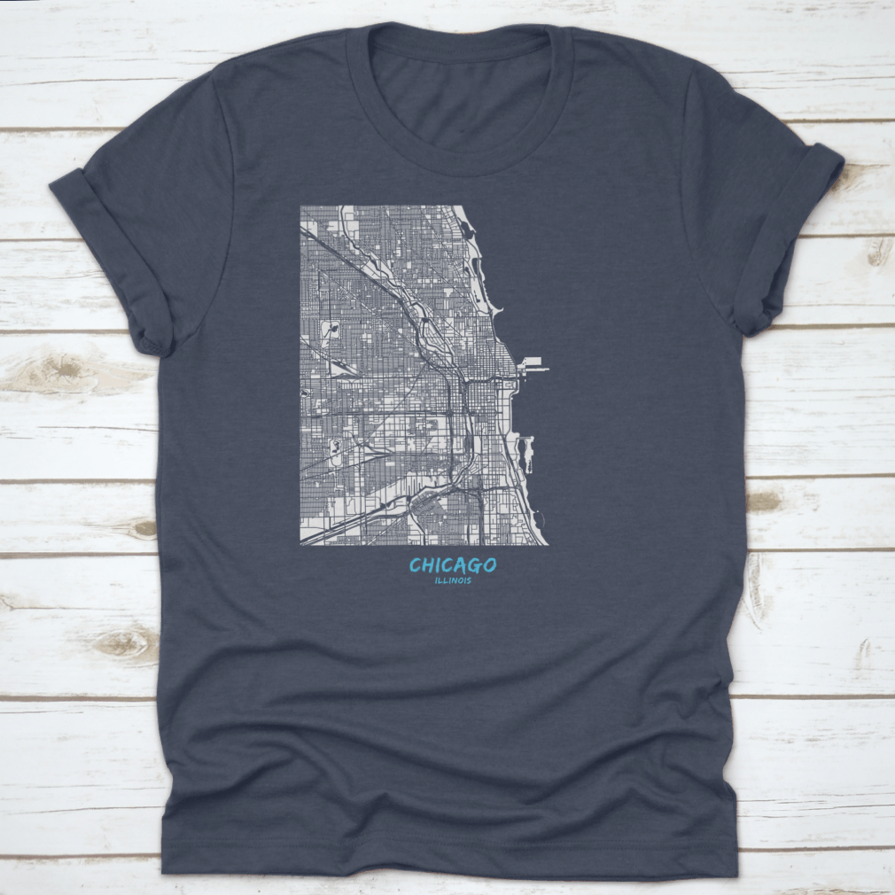 Detailed blue shaded map of Chicago downtown and surroundings, showcasing streets and landmarks.