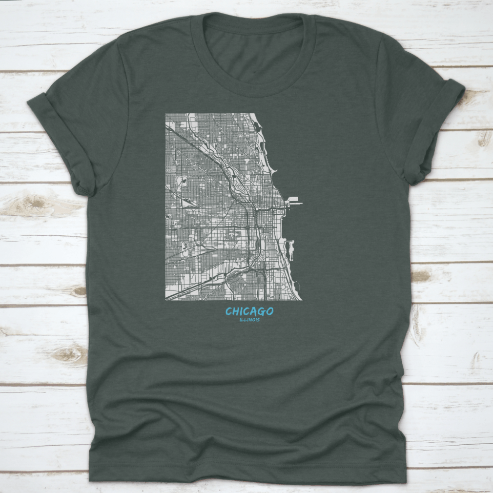 Detailed blue shaded map of Chicago downtown and surroundings, showcasing streets and landmarks.