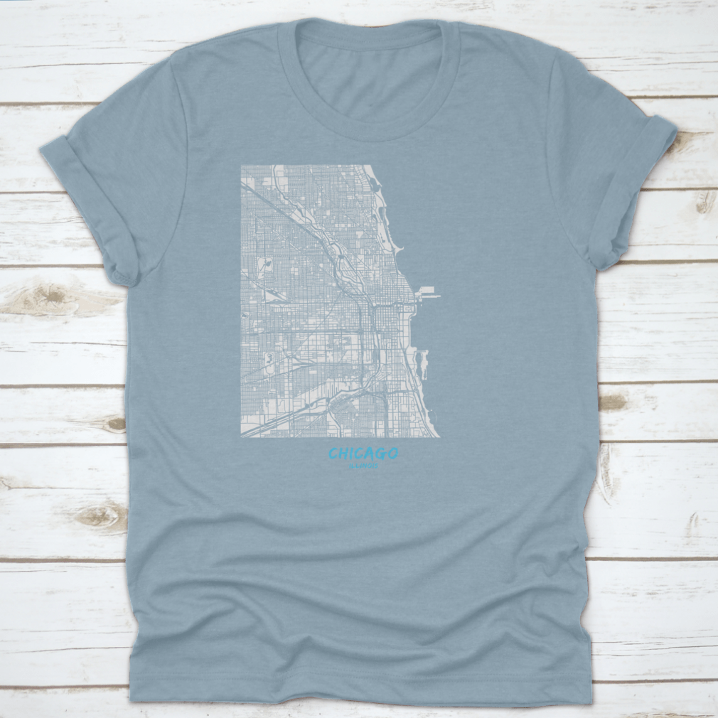 Detailed blue shaded map of Chicago downtown and surroundings, showcasing streets and landmarks.