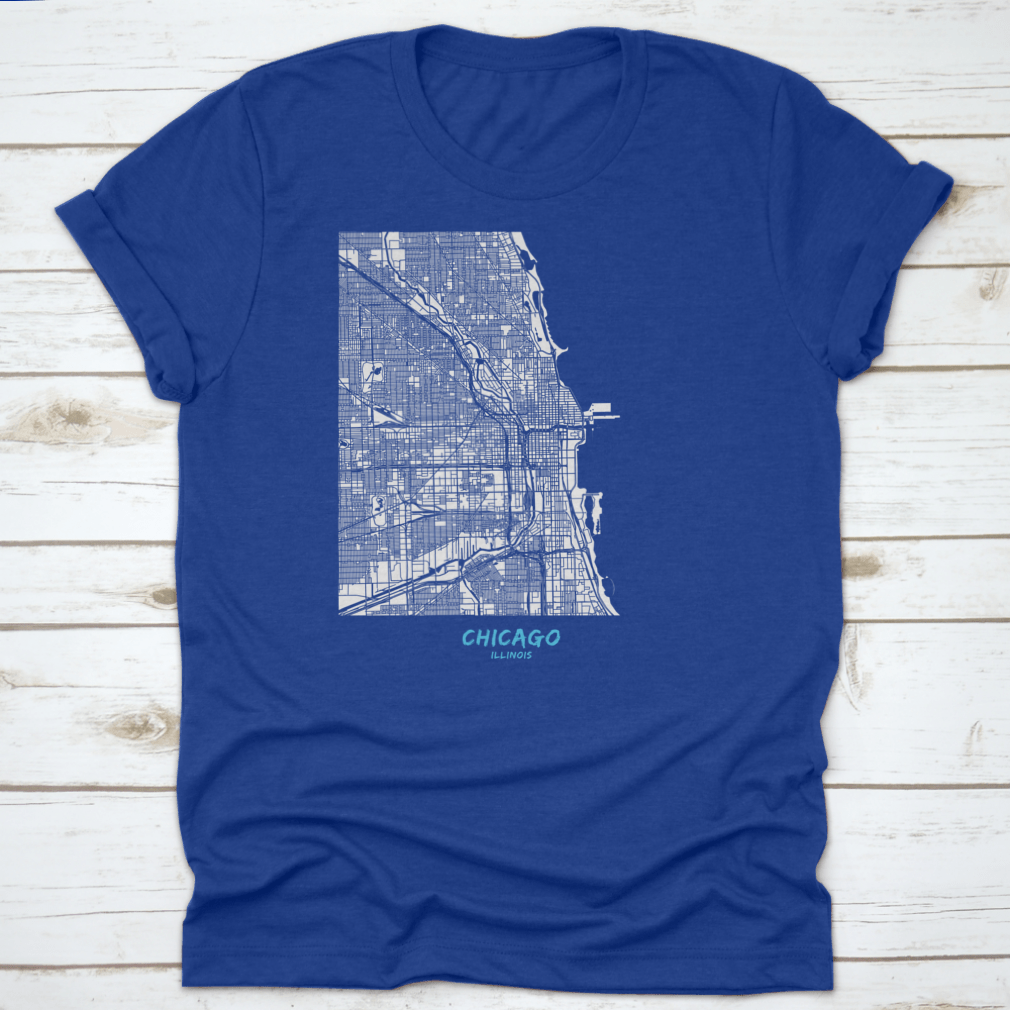 Detailed blue shaded map of Chicago downtown and surroundings, showcasing streets and landmarks.