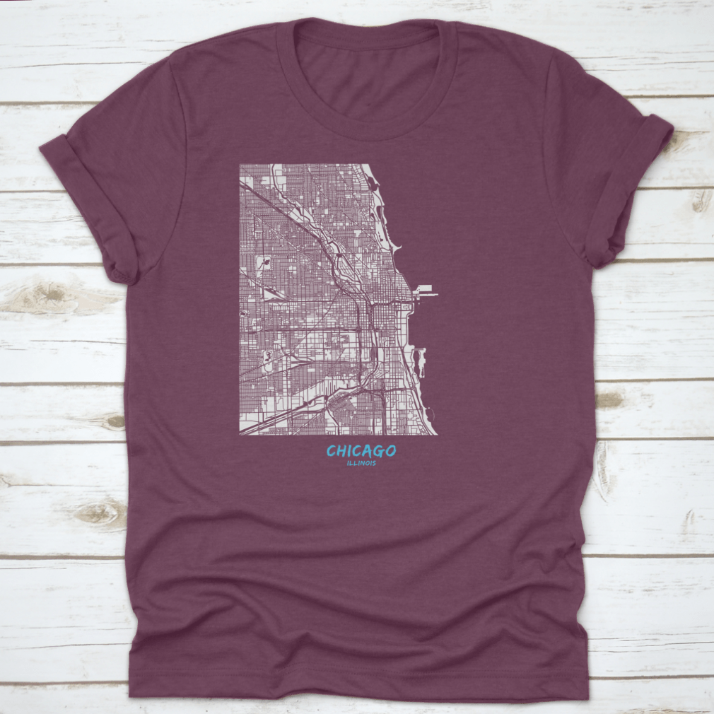 Detailed blue shaded map of Chicago downtown and surroundings, showcasing streets and landmarks.