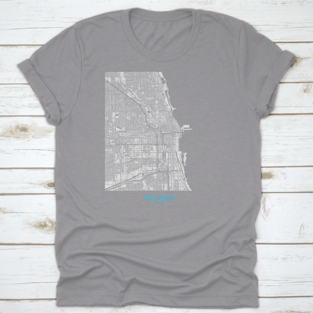 Detailed blue shaded map of Chicago downtown and surroundings, showcasing streets and landmarks.