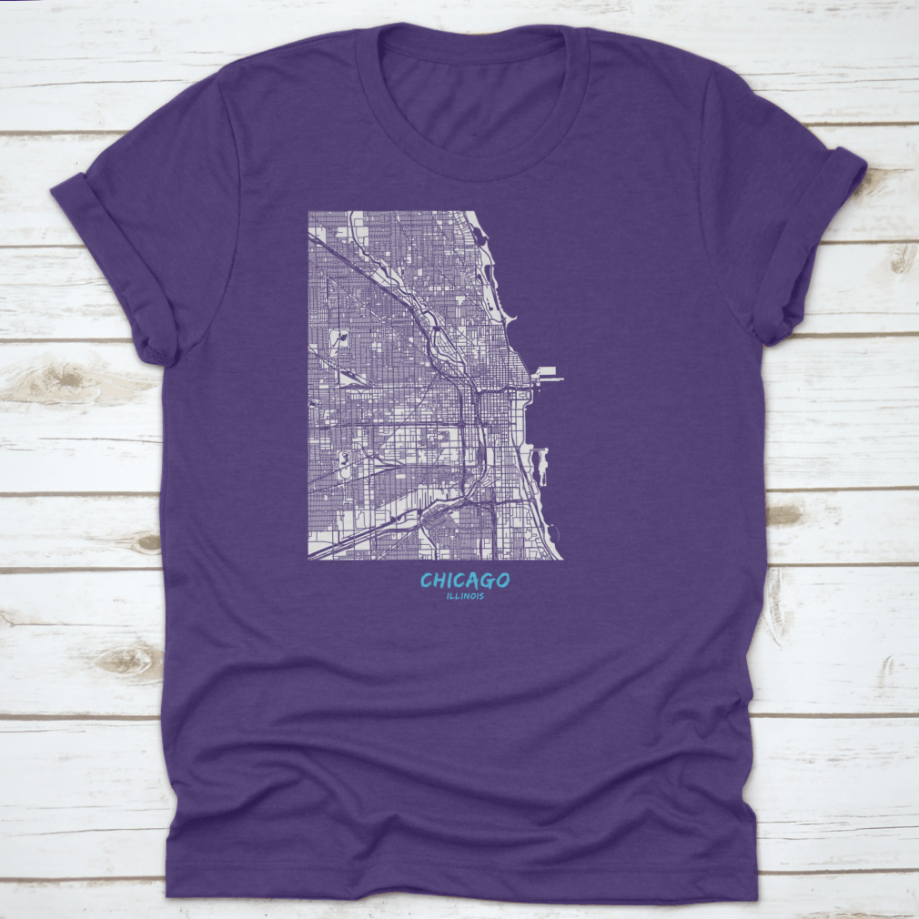 Detailed blue shaded map of Chicago downtown and surroundings, showcasing streets and landmarks.