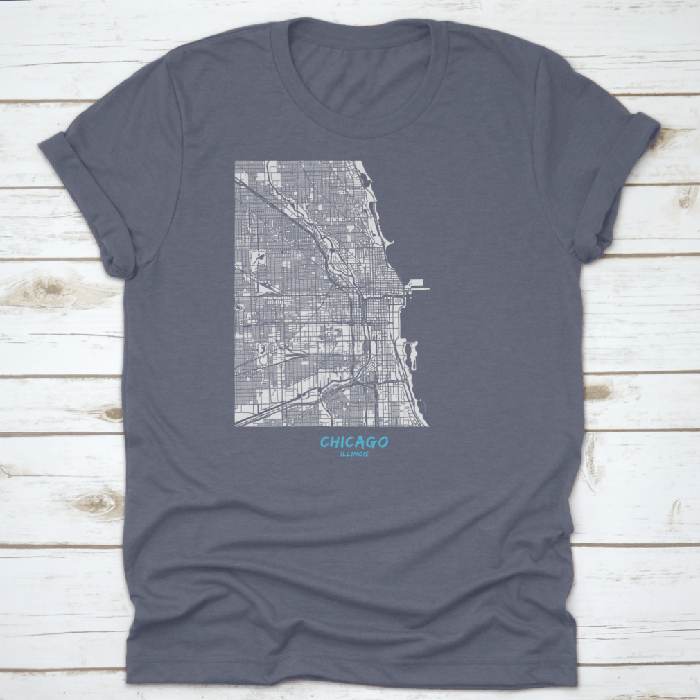 Detailed blue shaded map of Chicago downtown and surroundings, showcasing streets and landmarks.