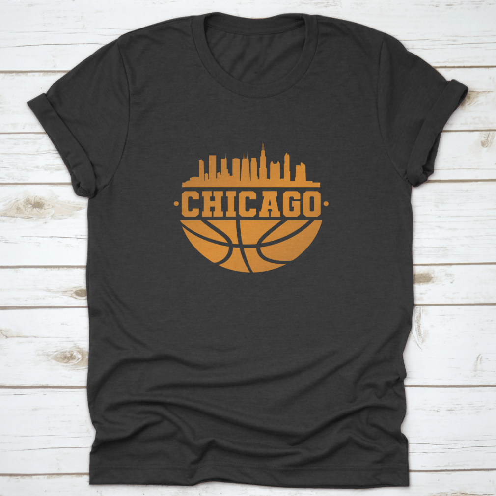 Chicago skyline silhouette with basketball elements, showcasing the city's iconic architecture.