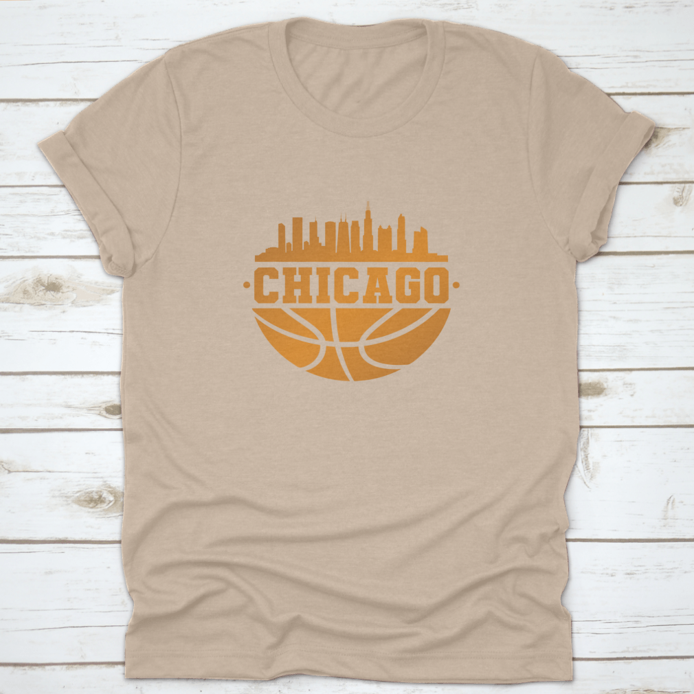 Chicago skyline silhouette with basketball elements, showcasing the city's iconic architecture.