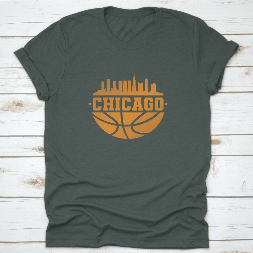 Chicago skyline silhouette with basketball elements, showcasing the city's iconic architecture.