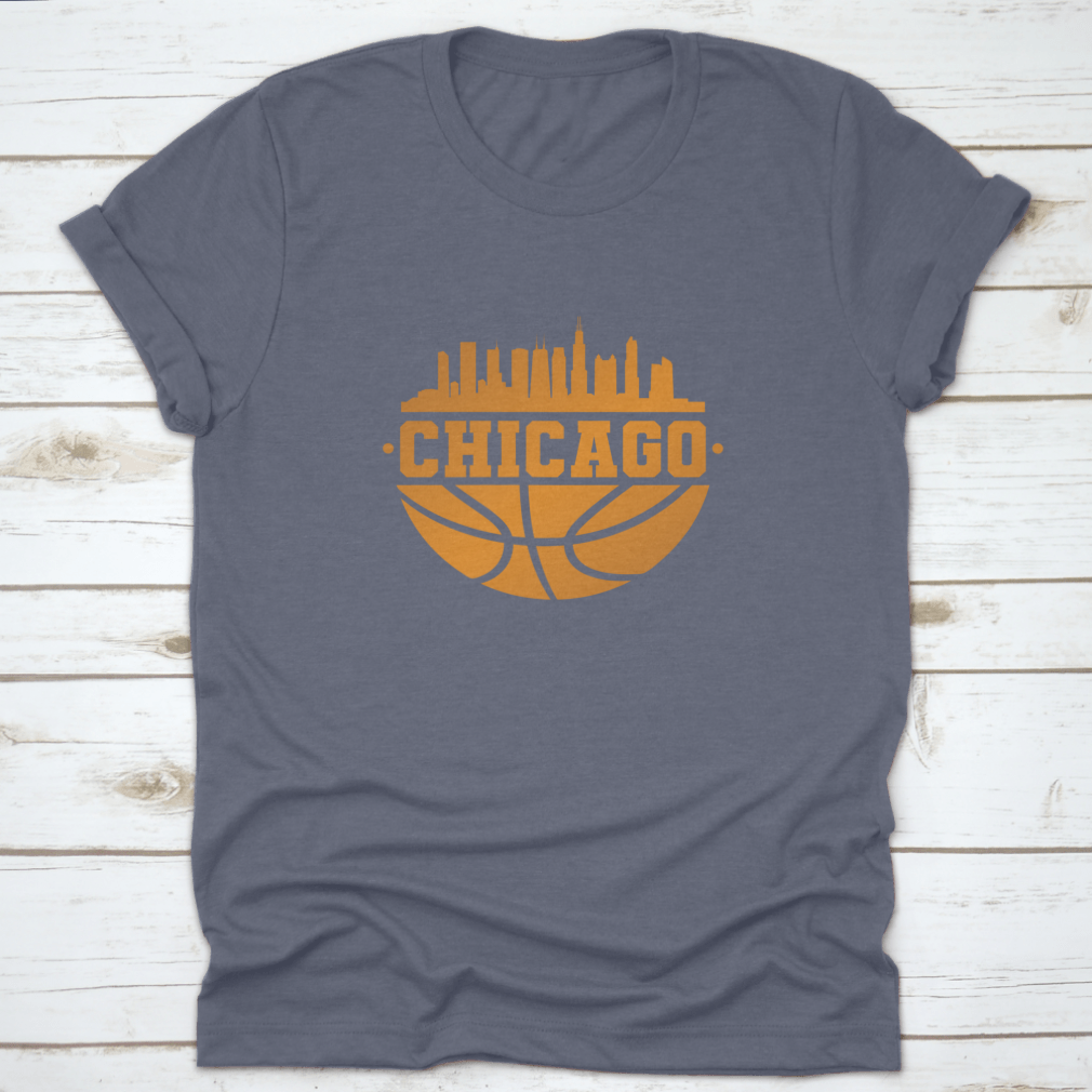 Chicago skyline silhouette with basketball elements, showcasing the city's iconic architecture.