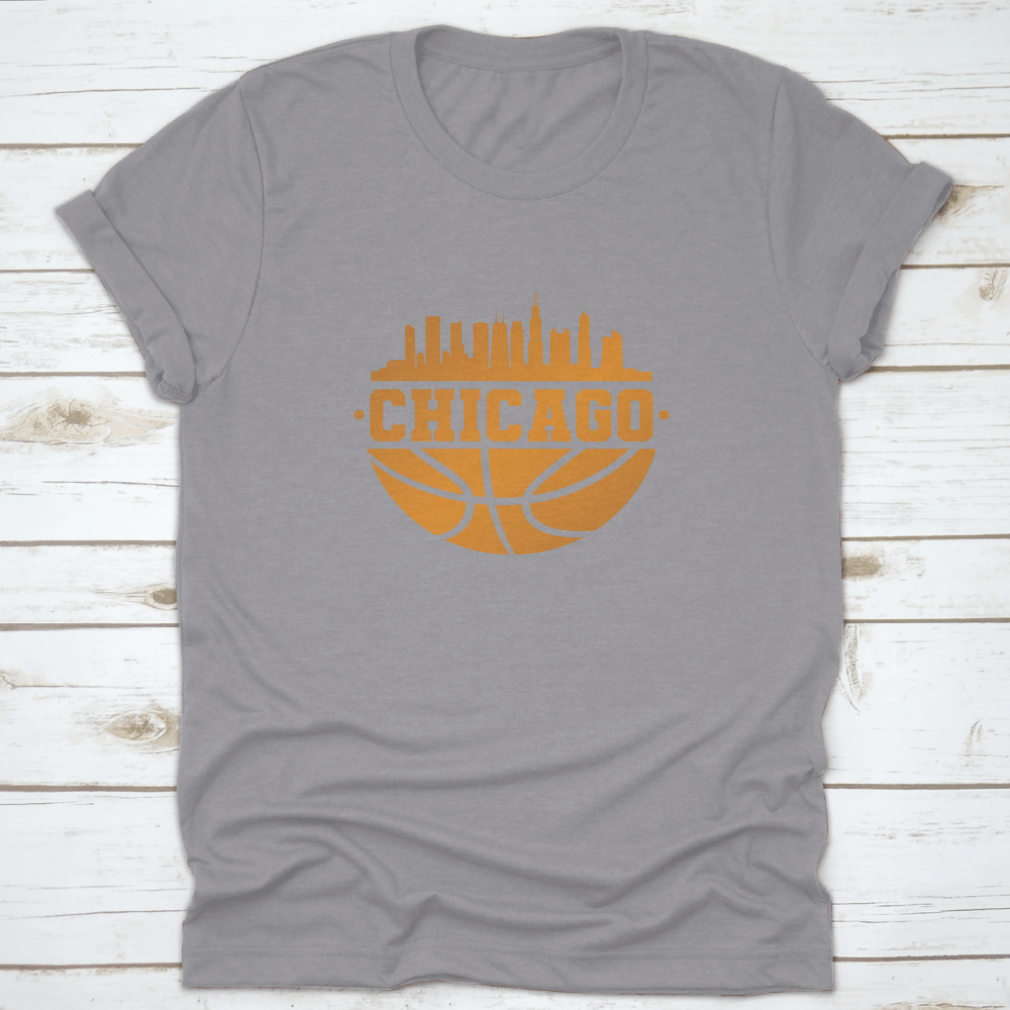 Chicago skyline silhouette with basketball elements, showcasing the city's iconic architecture.